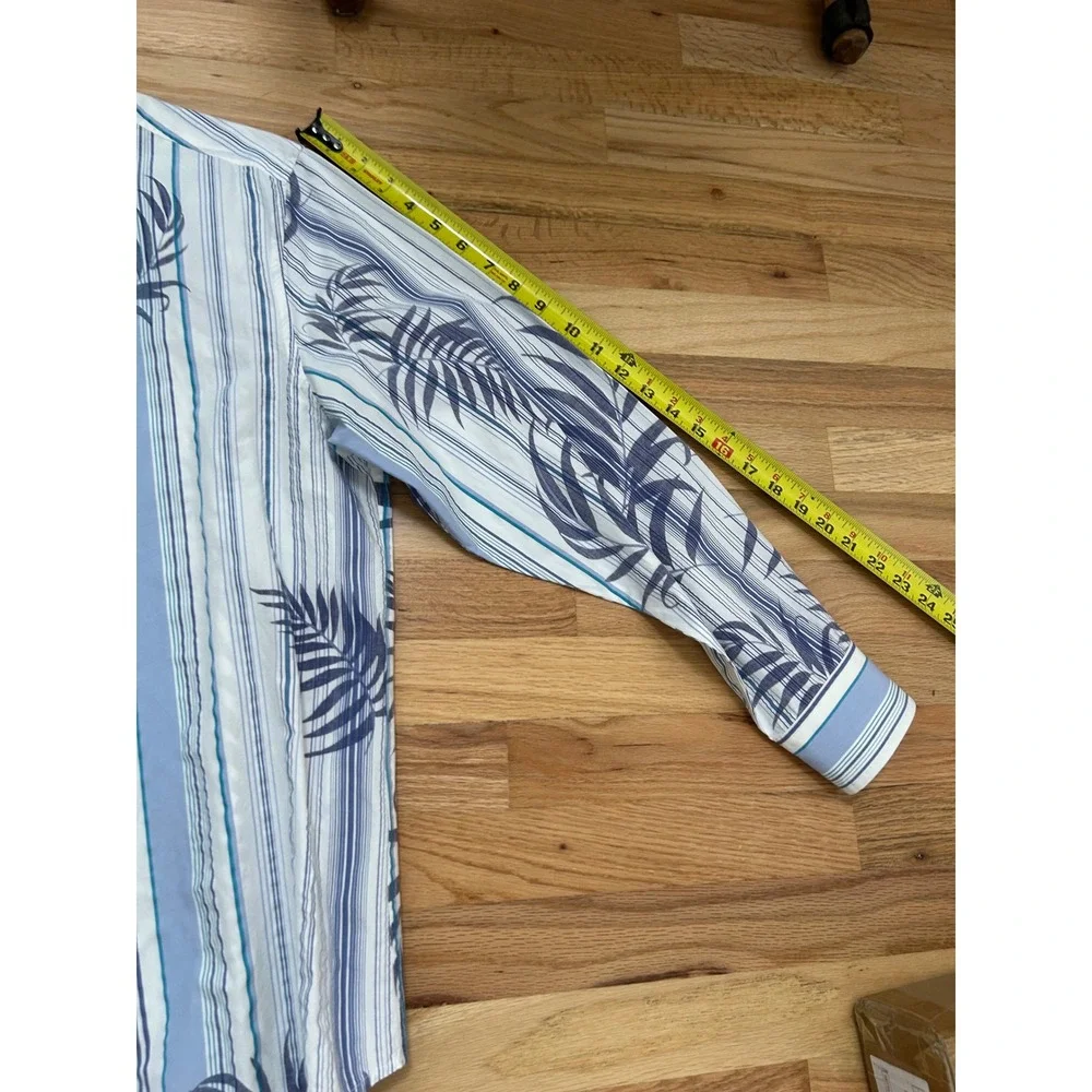 Tommy Bahama Mens Large Blue White Stripe Palm Leaf Long Sleeve Button Shirt‎